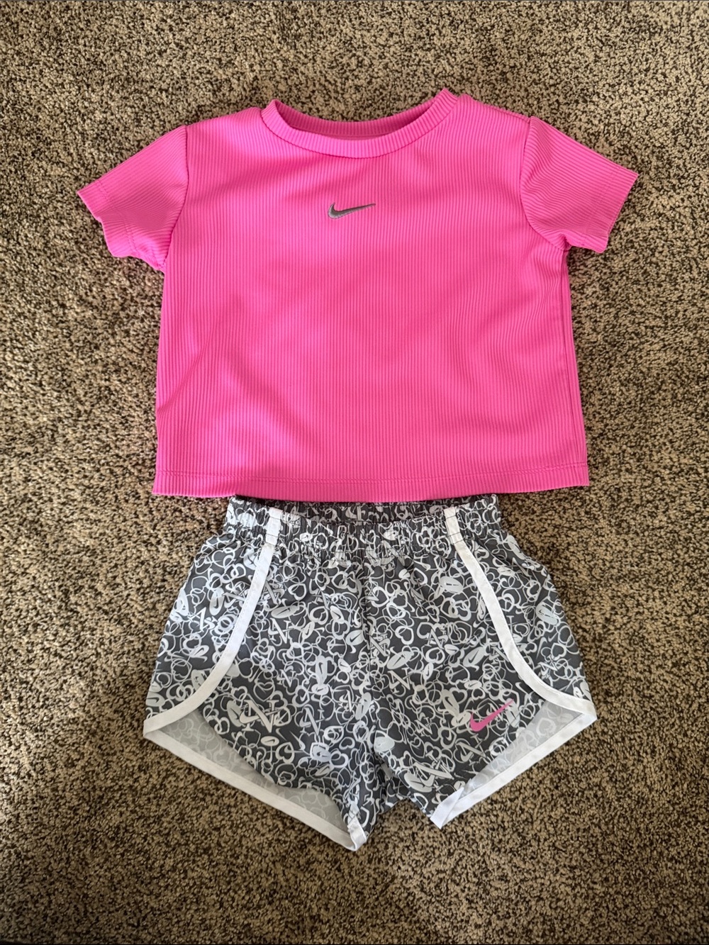 Nike Dri-Fit Hot Pink Ribbed Tee with Black & White Patterned Shorts - Size 3T